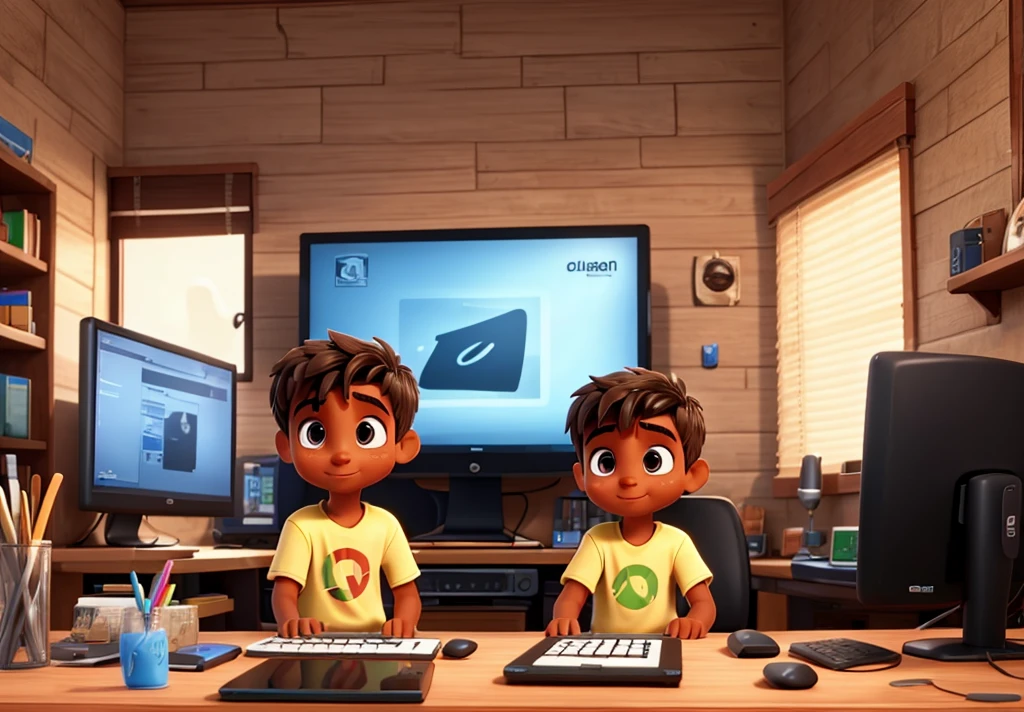 2 brother, slightly tanned skin, gamer, baby brother and a bigger one, playing on the computer, slickedback hair