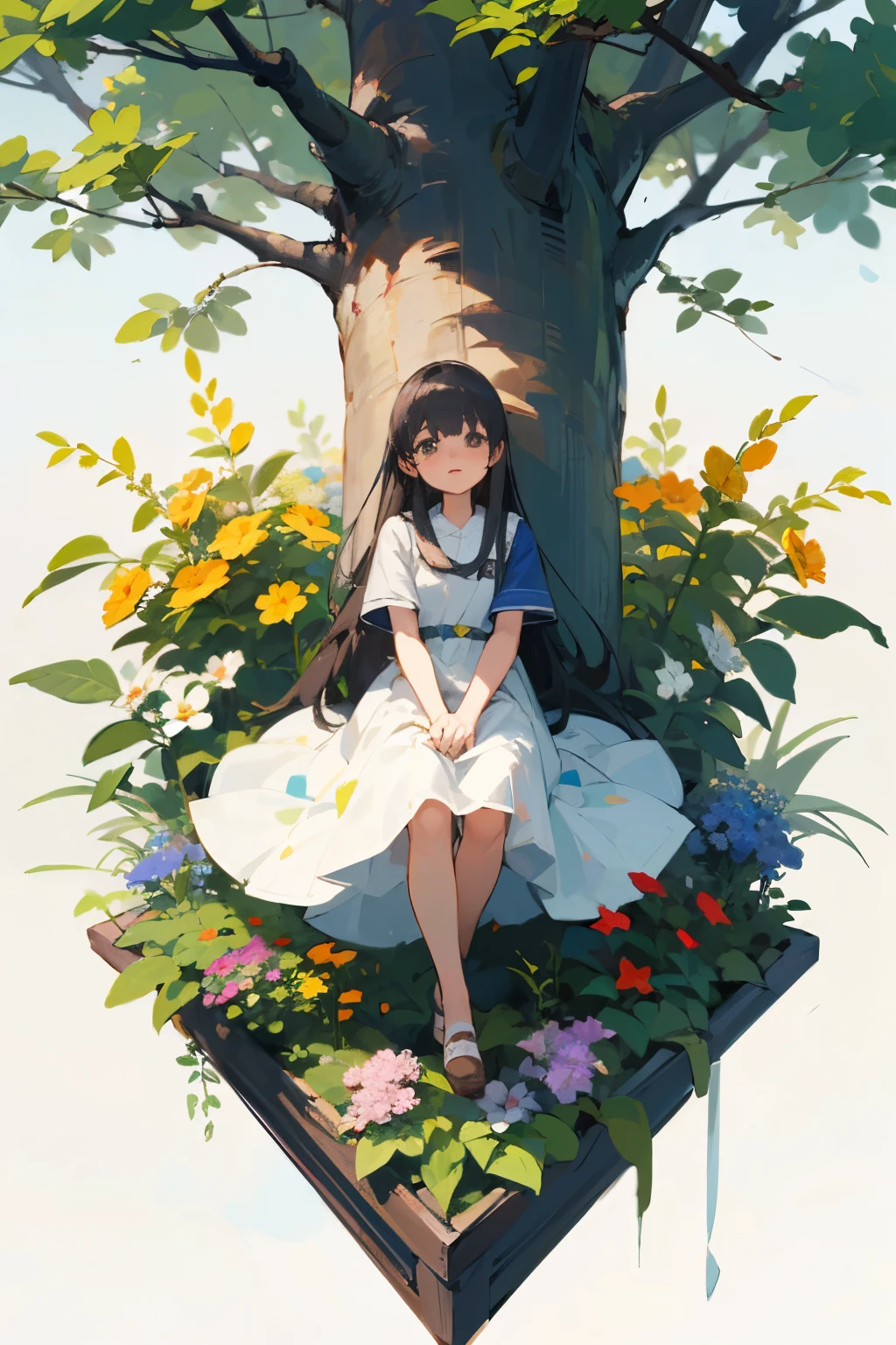 ((Highest quality)), ((masterpiece)), (detailed), One girl, Flower Garden、sunny、Big tree in the middle、