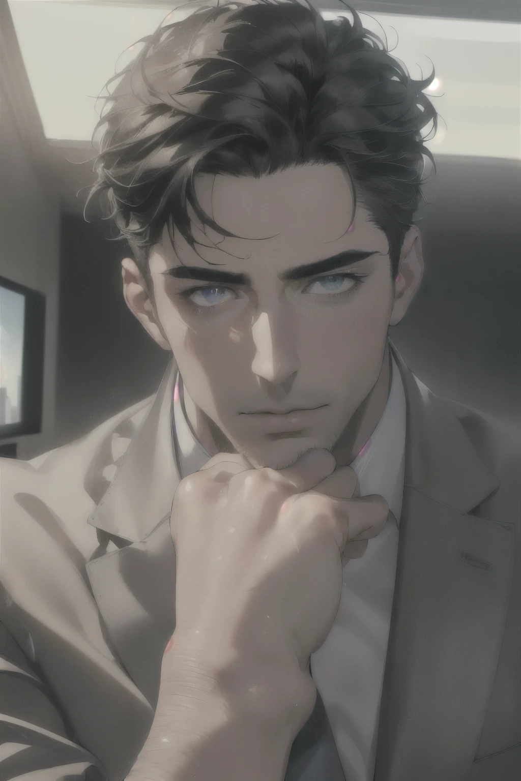 (Best Quality,4k,8k,high resolution,Masterpiece:1.2),ultra detailed,(realist,photorealist,photo-realist:1.37),1 man,31 years,mature man,very handsome,without expresion,short gray black hair,athletic body,Blue eyes,glare,perfect face without mistakes,imposing posture,businessman,office background,cinematic lighting,imagen HDR