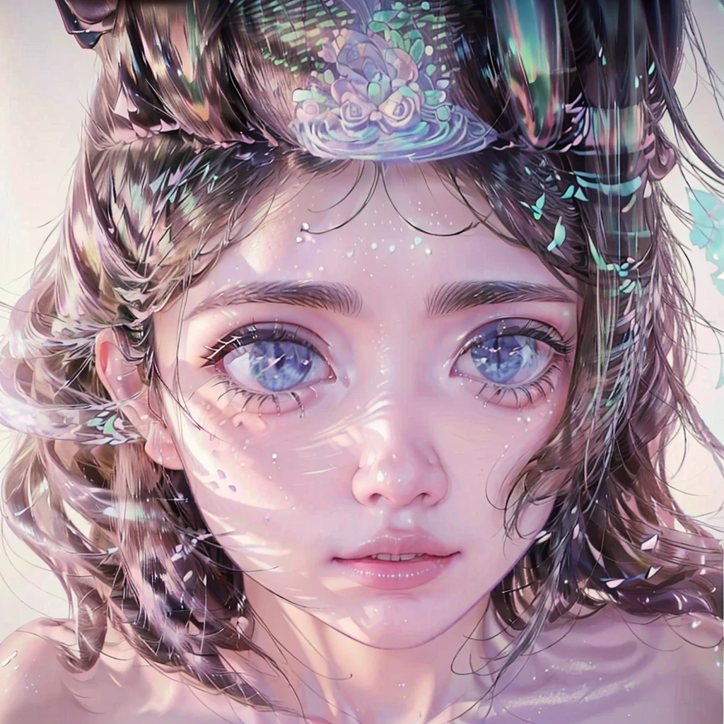 ((pastel model+ lines mix)) ((Model Kenshi))((modelo snapdd00)) face portrait ((size 1:1)), 20 year old adult woman, long and curly white loose hair, pale skin and pink eyes, wearing a beautiful and very feminine dress ((extremely detailed)) ((Eye- LoRa)) ((Style LoRa from Horse))