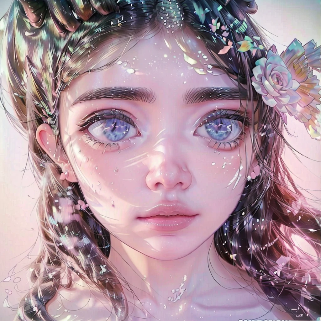 ((pastel model+ lines mix)) ((Model Kenshi))((modelo snapdd00)) face portrait ((size 1:1)), 20 year old adult woman, long and curly white loose hair, pale skin and pink eyes, wearing a beautiful and very feminine dress ((extremely detailed)) ((Eye- LoRa)) ((Style LoRa from Horse))