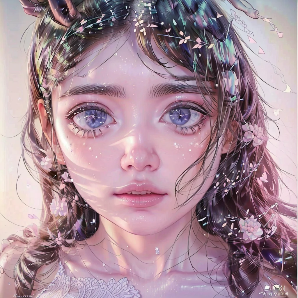((pastel model+ lines mix)) ((Model Kenshi))((modelo snapdd00)) face portrait ((size 1:1)), 20 year old adult woman, long and curly white loose hair, pale skin and pink eyes, wearing a beautiful and very feminine dress ((extremely detailed)) ((Eye- LoRa)) ((Style LoRa from Horse))
