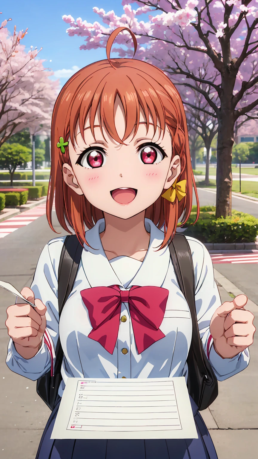 (((pixel-perfect, detail-perfect))), solo, 1girl, chika takami, uranohoshi , bowtie, looking at viewer, smile, :d (sakura tree) (holding a blank paper viewing it to the viewer: 1.5) 