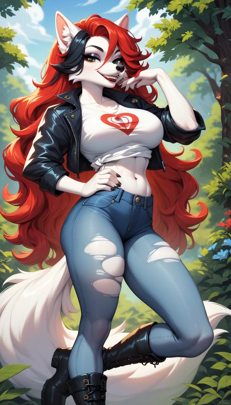 anime fantasy anthro style, a beautiful adventurer, (wolf with white fur), ((long red hair with black highlights)), open jacket over a loose t-shirt, short jeans shots, ripped tights, boots, hourglass body, mature beauty, (((posing))), confident smile. Highly detailed, fantastic action scene