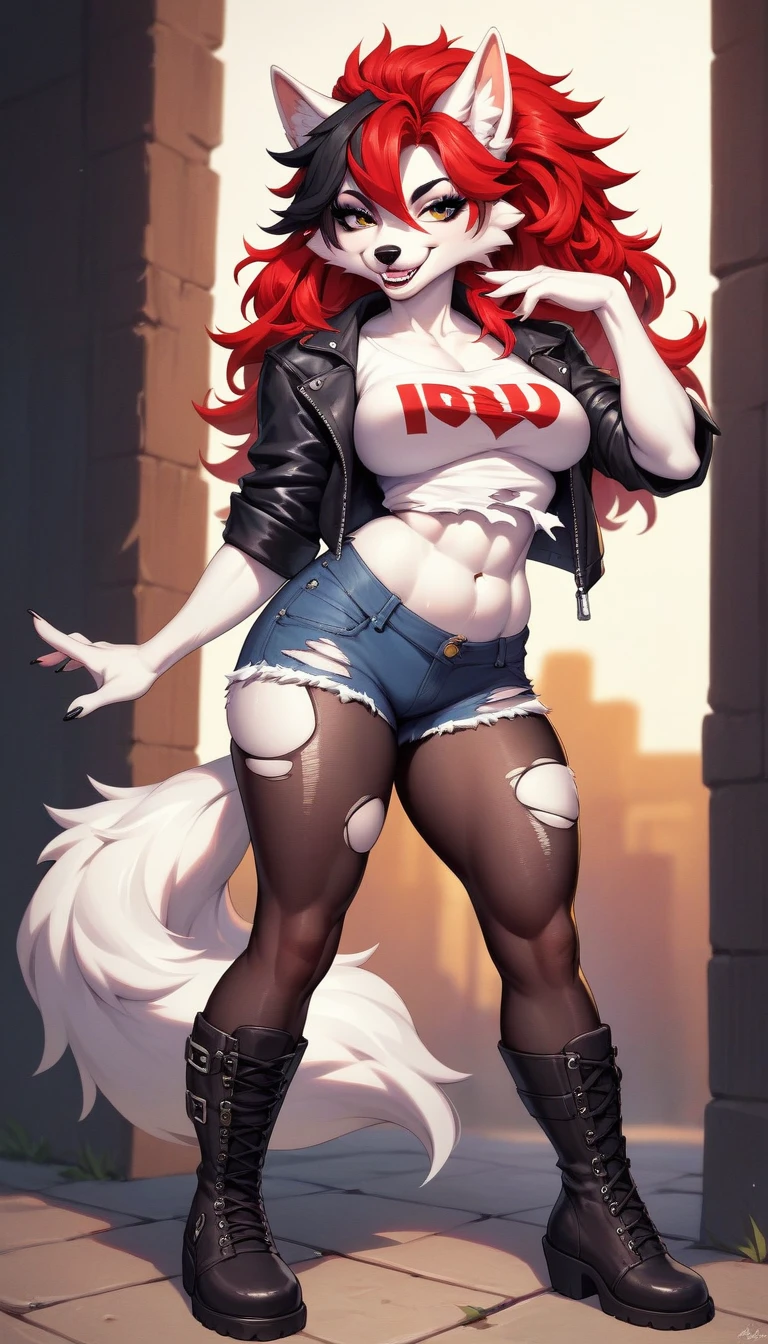 anime fantasy anthro style, a beautiful adventurer, (wolf with white fur), ((long red hair with black highlights)), open jacket over a loose t-shirt, short jeans shots, ripped tights, boots, hourglass body, mature beauty, (((posing))), confident smile. Highly detailed, fantastic action scene