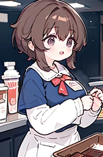 fast food worker, cooking milk chocolate, brown hair,breast