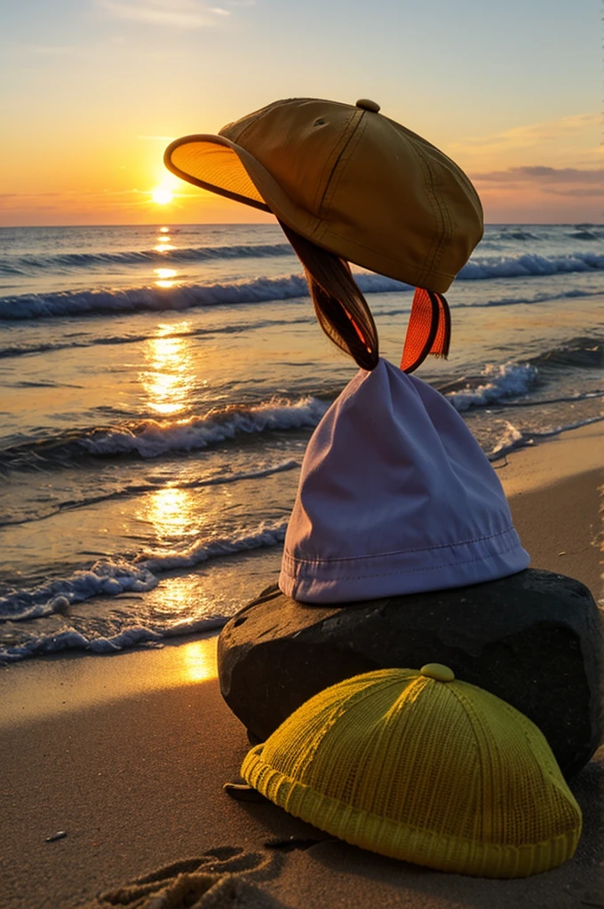 A sunset on the beach with a fish cap next to it