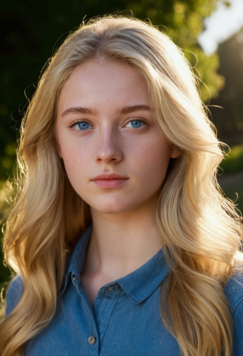 
A photorealistic portrait of a 21-year-old francaisegirl with long, blonde hair and blue eyes. She should have a natural, approachable expression and be illuminated by soft, golden-hour sunlight. The background should be a scenic outdoor setting, perhaps a sunlit park or beach. Capture this image with a high-resolution photograph using an 85mm lens for a flattering perspective.
