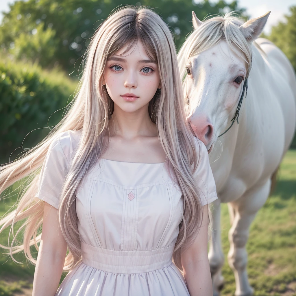 ((pastel model+ lines mix)) ((Model Kenshi))((modelo snapdd00)) face portrait ((size 1:1)), 20 year old adult woman, long and curly white loose hair, pale skin and pink eyes, wearing a beautiful and very feminine dress ((extremely detailed)) ((Eye- LoRa)) ((Style LoRa from Horse))