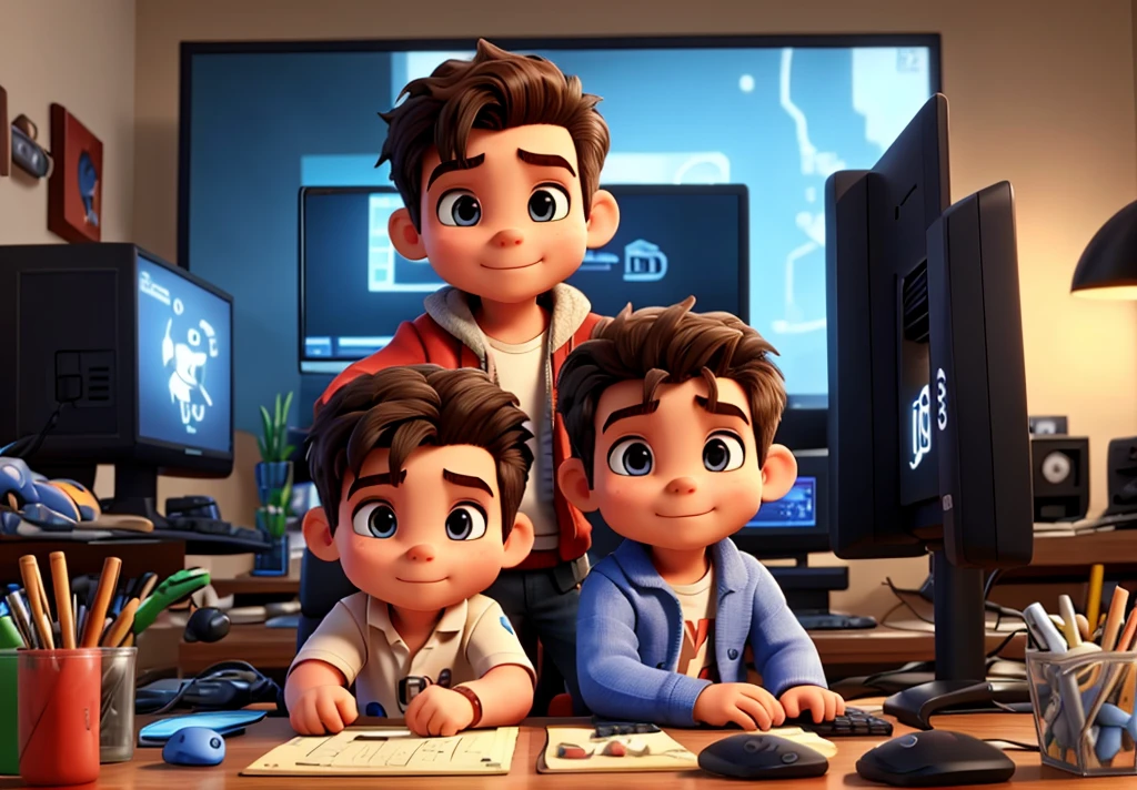 gamer, baby brother and a bigger one, playing on the computer, slickedback hair
