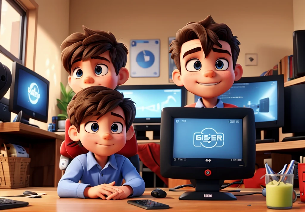 gamer, baby brother and a bigger one, playing on the computer, slickedback hair