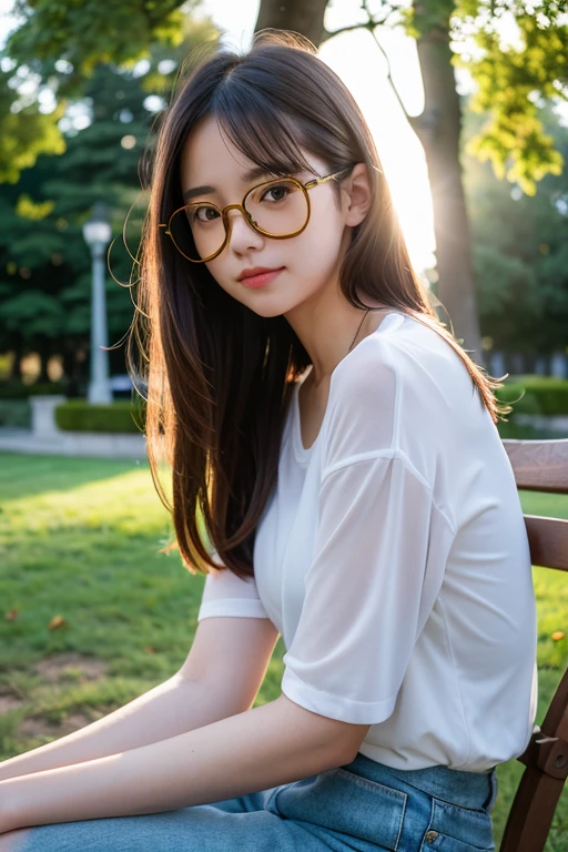 A girl is sitting on a park chair and looking to the side. She is wearing transparent glasses and is touching her glasses with one hand. Light trees are visible behind her. The background is blurred