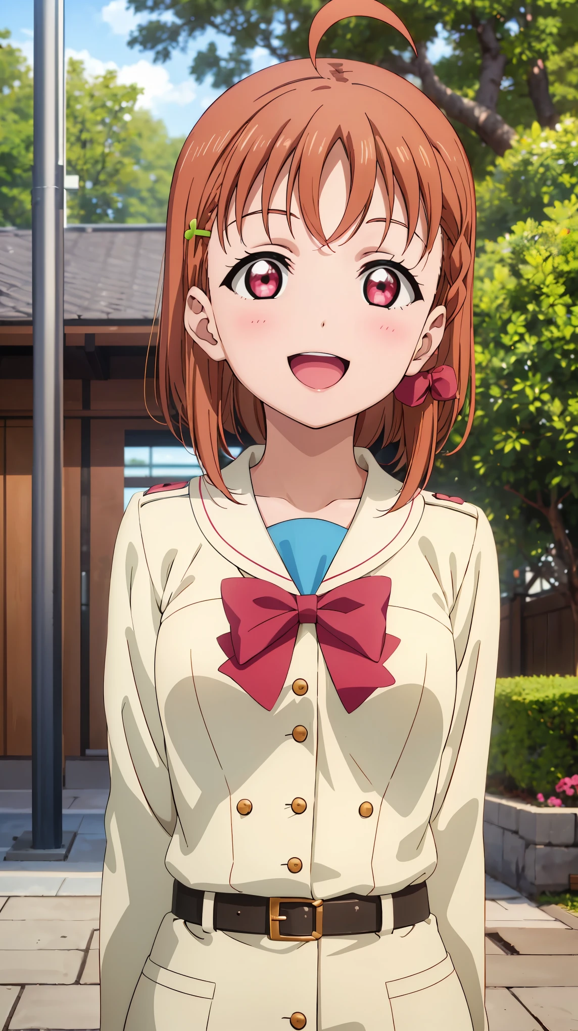 (((pixel-perfect, detail-perfect))), solo, 1girl, chika takami, uranohoshi , bowtie, looking at viewer, smile, :d sakura tree