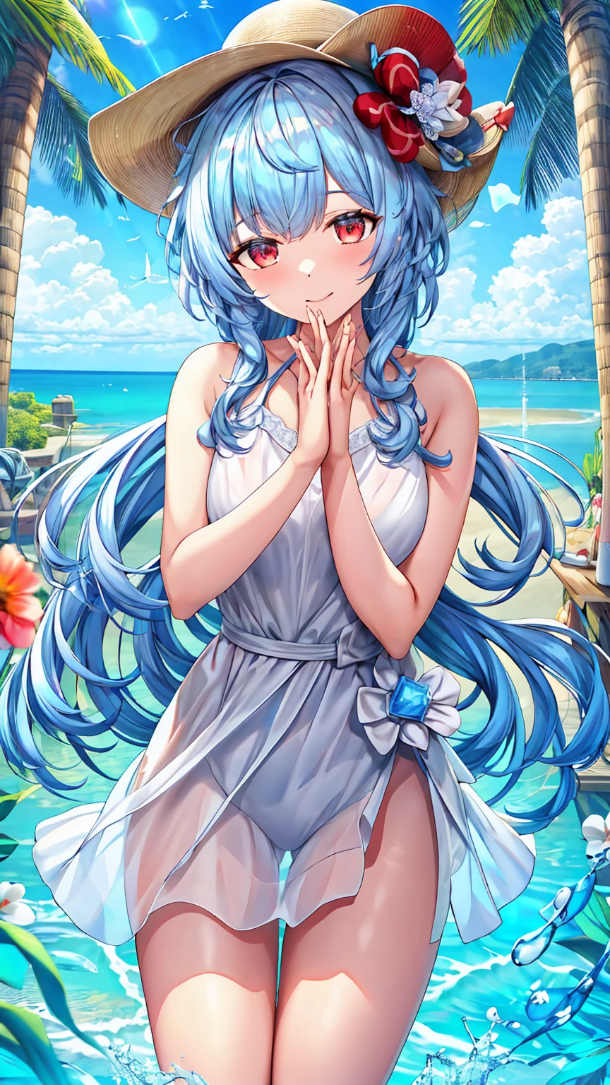 (Highest quality, masterpiece:1.4) , (Absurd:1.2), Complex, One girl, alone, Cinema Lighting, ganyu \(genshin impact\), Fairy, Pointed Ears, Blue Hair, length hair, Red eyes, bangs, lips, ocean returnground, sundress, Straw hat, arms_behind_return, smile, blush,Beach,barefoot, detailed returnground, Are standing, full_body, white_dress, length_dress, detailed clothing folds, transparent_clothing, SFW, see-through dress, See-through silhouette,(Moderate_chest:0.4), 日没 break looking at viewer, (Cowboy Shot:1.5), smile,下から構figure, Thighs, セクシー break (masterpiece:1.2), Highest quality, High resolution, unity 8k wallpaper, (figure:0.8), (美しいFine grain:1.6), Highly detailed face, Perfect lighting, Highly detailed CG, (Perfect hands, Perfect Anatomy) break ((masterpiece,Highest quality)), Super detailed, Shine, Shine光, Ray Tracing, (Perfect Face, Detailed face, Fine grain, Perfect hands, Perfect Fingers:1.5), HD, Super cute face, Highest quality, Super detailed break Shine目, (Highest qualityの写実的なイラスト), (Super fine), (Cute illustrations:1.3), (High chroma:1.3) break 詳細な美しい顔と目, Dynamic lighting, (Very delicate and beautiful) break (Nice hands), (Perfect hands:1.4), Highly detailed illustration, Super cute and beautiful, Highest quality, slender, ,Baby Face,