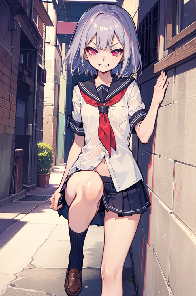 (Ideal:1.2), (perfection:1.2), (highest quality:1.2), (best quality:1.2), detailed, alley, 1girl, sexy body, (evil smirk:1.2), (:1.1), naughty, (school uniform:1.1), detailed body, sexy thighs, small breasts, short hair, high quality eyes, 4K, highest quality resolution, best quality resolution, best quality upscale, flawless 