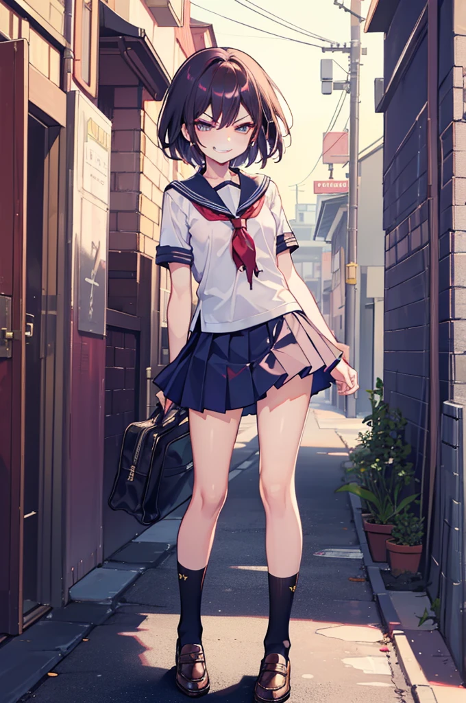 (Ideal:1.2), (perfection:1.2), (highest quality:1.2), (best quality:1.2), detailed, alley, 1girl, sexy body, (evil smirk:1.2), (loli:1.1), naughty, (school uniform:1.1), detailed body, sexy thighs, small breasts, short hair, high quality eyes, 4K, highest quality resolution, best quality resolution, best quality upscale, flawless 