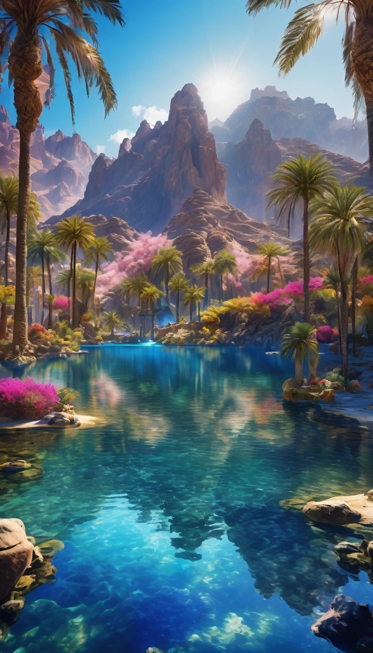 Masterpiece, Best quality, High quality, Extremely detailed Cg Unity 8K wallpaper, Charming and dreamy desert oasis scene, beautiful big blue lake as the focal point, glimmering water surface,with palm trees, The hidden fairytale valley creates a sense of mystery and charm, art  stations, Intricate, Trendy, Award-winning photography, Bokeh, Depth of field, hdr, full bloom, color difference, Photorealistic, Extremely detailed, 