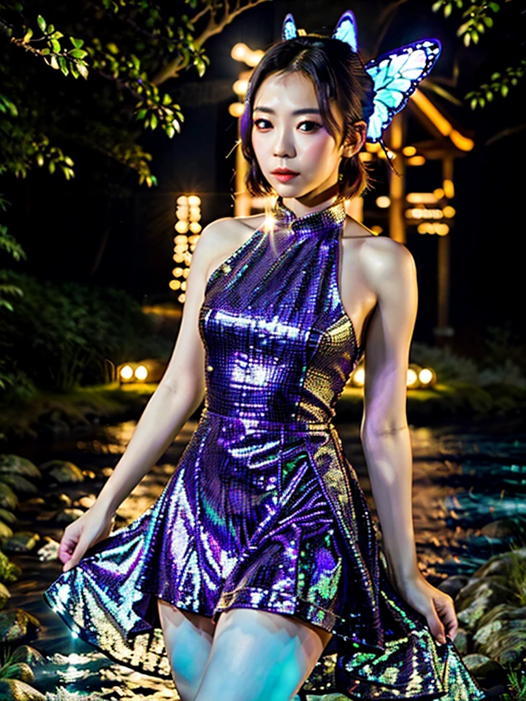 High quality photo,right lips and eye's, (not any mistakes) beautiful shinobu kocho, wearing glittering purple short party dress, angelic, , elegant and graceful, butterfly, sparkling, at a night forest moonlight river side