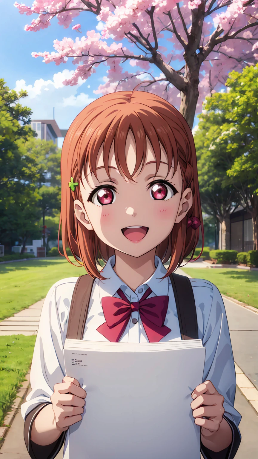 (((pixel-perfect, detail-perfect))), solo, 1girl, chika takami, uranohoshi , bowtie, looking at viewer, smile, :d (sakura tree) (holding a blank paper viewing it to the viewer:)