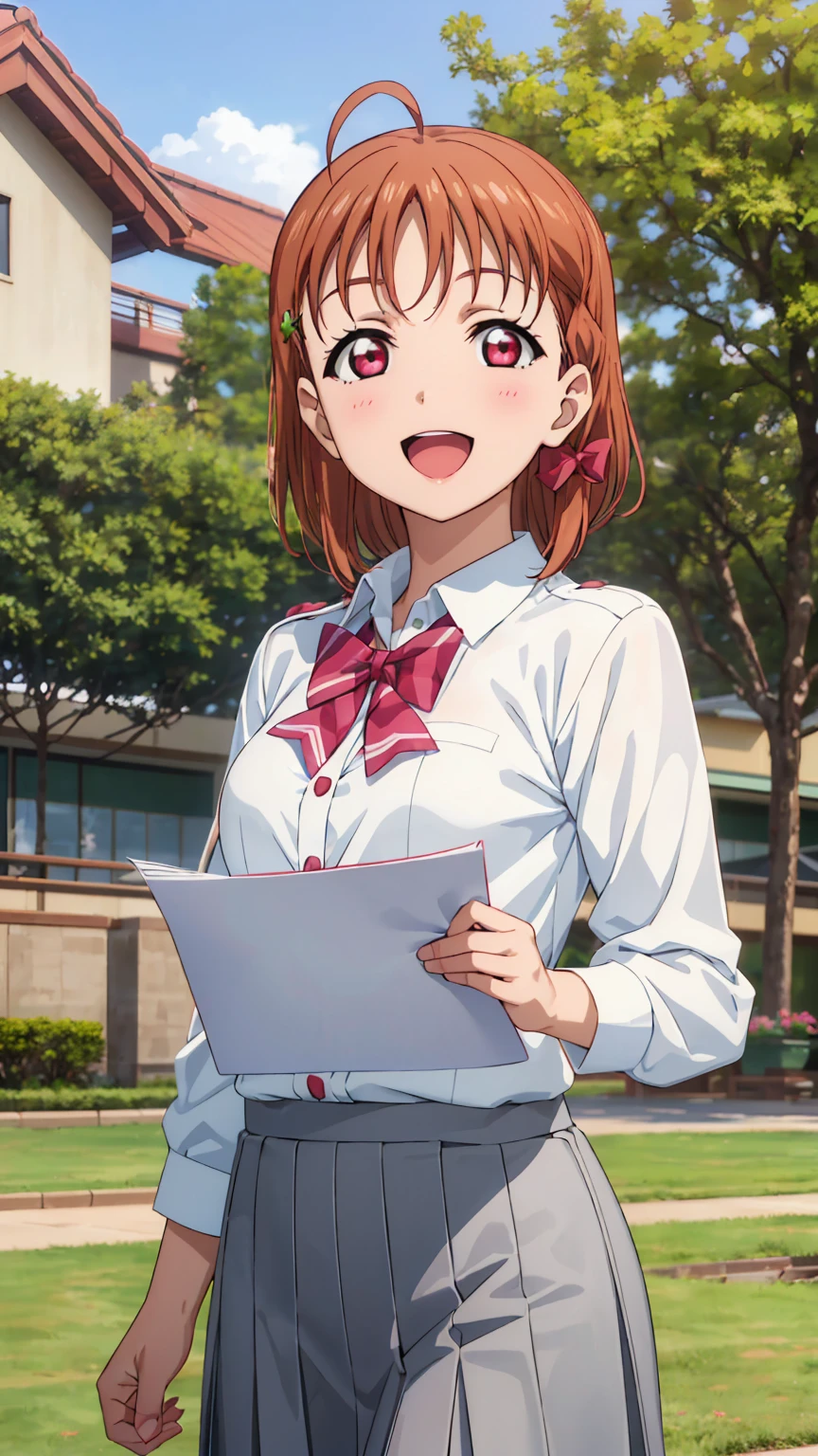 (((pixel-perfect, detail-perfect))), solo, 1girl, chika takami, uranohoshi , bowtie, looking at viewer, smile, :d (sakura tree) (holding a blank paper viewing it to the viewer:)