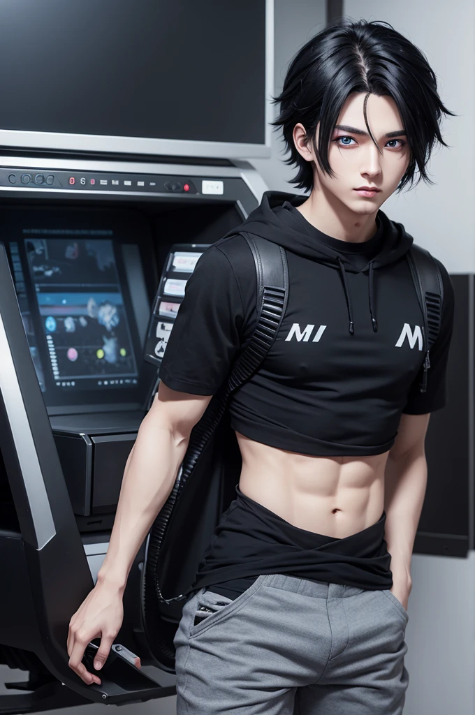 Create an anime playing video games with black hair, written clothing "MLINHXSZ" with gray pants and blue eye color