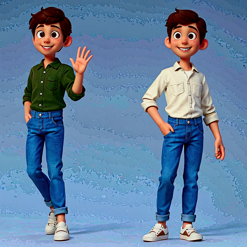 one cute young man, standing, brown hair and eyes, looking straight at the camera, waving with one hand, one hand in his pants pocket, smiling, hospital green shirt, long rolled-up sleeves, jeans, white sneakers, infinite background, pixar style