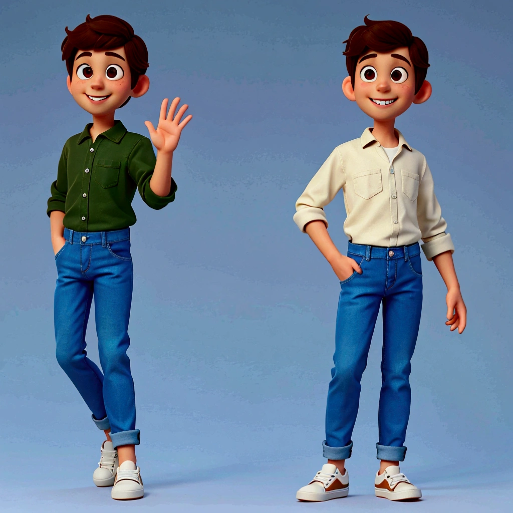 one cute young man, standing, brown hair and eyes, looking straight at the camera, waving with one hand, one hand in his pants pocket, smiling, hospital green shirt, long rolled-up sleeves, jeans, white sneakers, infinite background, pixar style