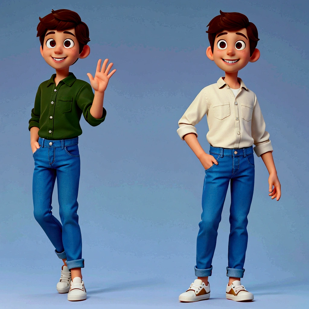 one cute young man, standing, brown hair and eyes, looking straight at the camera, waving with one hand, one hand in his pants pocket, smiling, hospital green shirt, long rolled-up sleeves, jeans, white sneakers, infinite background, pixar style