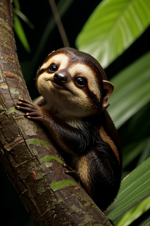 HD, glossy finish, creature that is a chipmunk whth sloth features in a trippy jungle setting with black sky, sinister