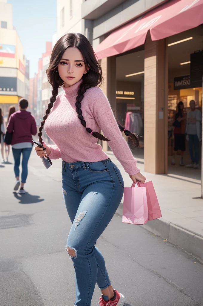 a beautiful girl in a pink woolen blouse, tight Lee brand jeans, blue pants, red Adidas sneakers, ankle socks, long black hair in double braids, big and fit ass, sweet expression, sensual pose looking at the viewer smiling, shopping mall near clothing stores, (best quality,4k,8k,highres,masterpiece:1.2),ultra-detailed,(realistic,photorealistic,photo-realistic:1.37),HDR,UHD,studio lighting,ultra-fine painting,sharp focus,physically-based rendering,extreme detail description,professional,vivid colors,bokeh,portraits,clothing store