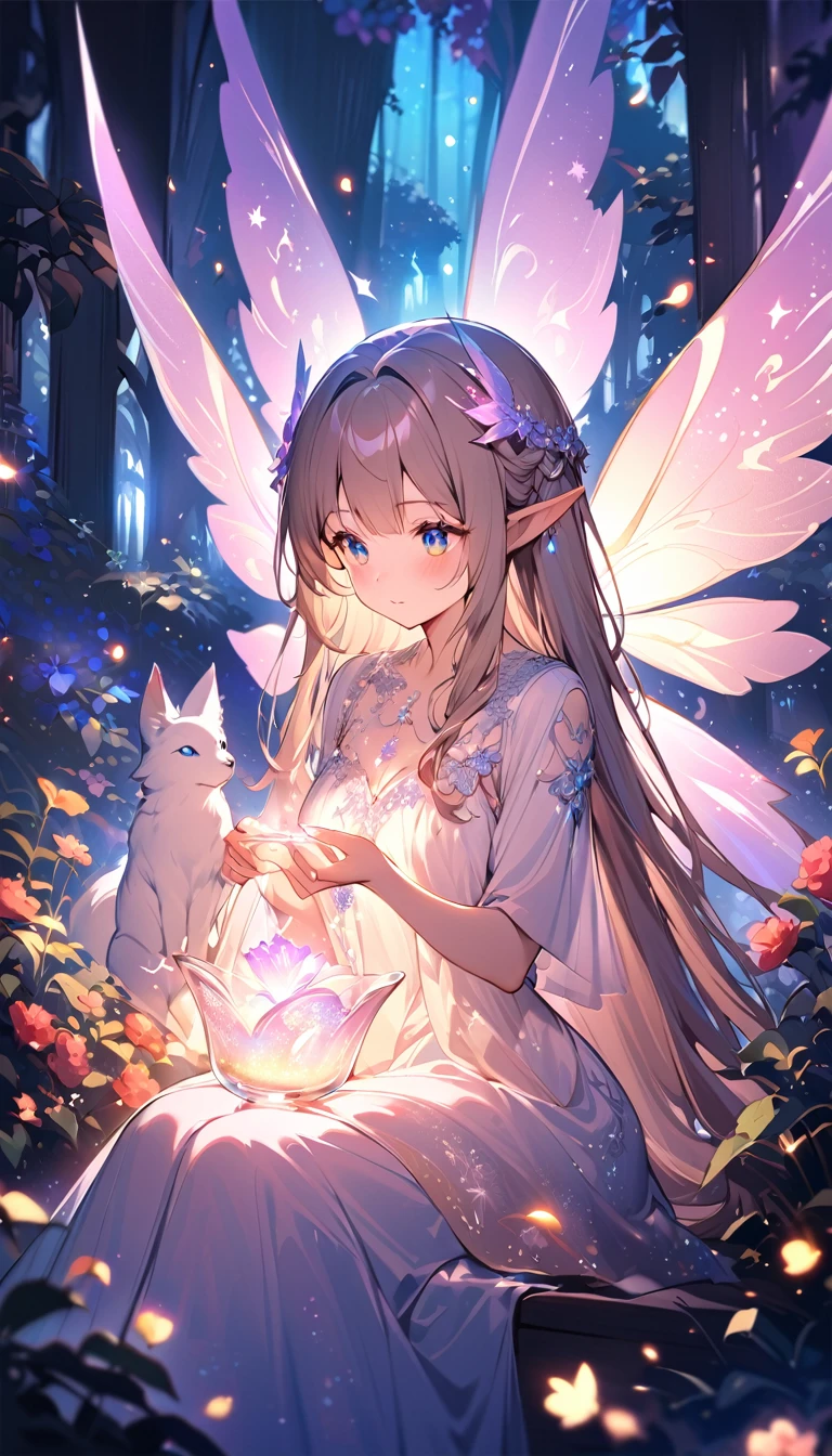 A magical, ethereal scene featuring a young fairy girl and a fantastical creature resembling a mix between a fox and a small winged beast. The girl has short, light brown hair adorned with delicate, sparkling accessories and pointed elf-like ears. She wears a shimmering dress made of intricate, glowing fabrics, giving off a soft, warm light. Her expression is one of gentle curiosity as she gazes at the creature, who is seated across from her amidst vibrant, luminescent flowers. The creature has large, expressive eyes, fluffy fur, and fairy-like wings that glisten in the ambient light. Both are bathed in a dreamy, mystical glow, surrounded by twinkling lights and soft, colorful foliage. The background is filled with an otherworldly, enchanting forest that exudes a sense of wonder and magic.