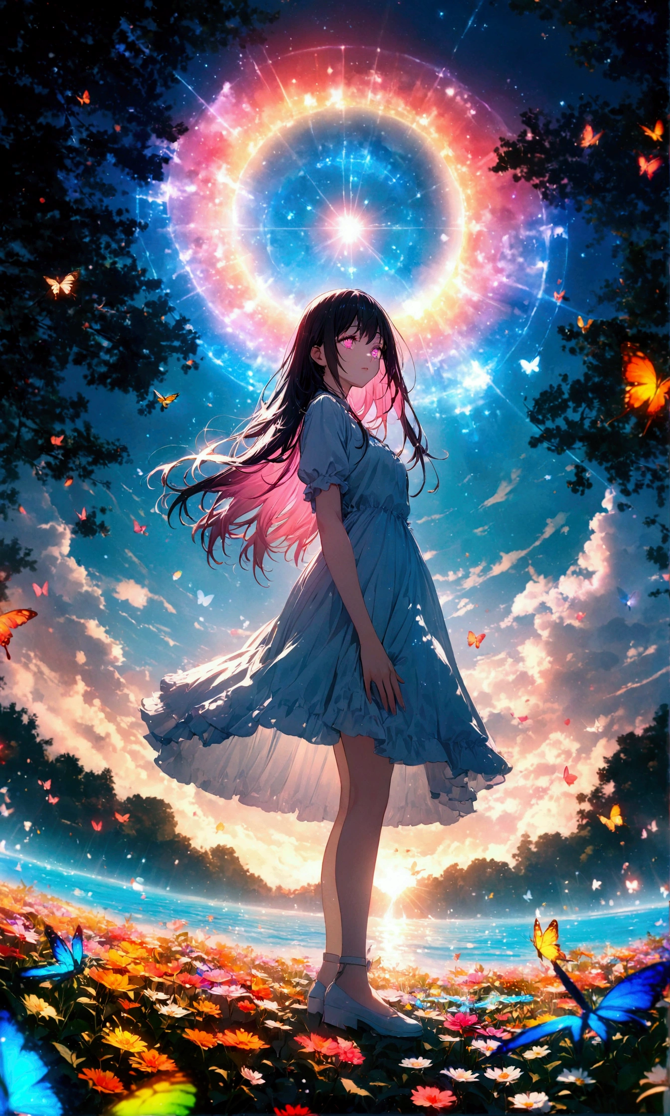 (woman\(student, 15 years old, JK, Long Hair, Colorful eyes, Pale skin,) Looking up at the sky), (Many butterflies flying in the sky), Beautiful sky, summer,Colorful flowers are blooming everywhere, Mysterious and dreamy ,Giant Tree,quality\(8K,CG wallpaper, masterpiece,High resolution,top-quality,Surrealism,Increased resolution,RAW Photos,Best quality,Very detailed,Light,Ray Tracing,Golden Ratio)