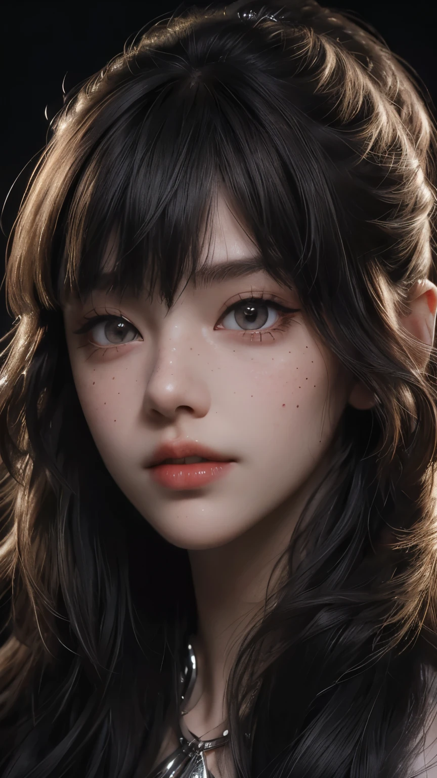 masterpiece, best quality, ultra-detailed, facing the camera head on, intricately detailed hyperdetailed, realistic, sharp features, highly detailed, sharp focus, perfect face, perfect face, perfect symmetrically perfect eyes, perfect full lips, flexible female form, cinematic, film light, hyper detailed, hyper realistic, dynamic studio lighting, nsfw, ((Dark background)), Sexy face, Facial expressions when receiving pleasure, straight Bangs, freckles,
