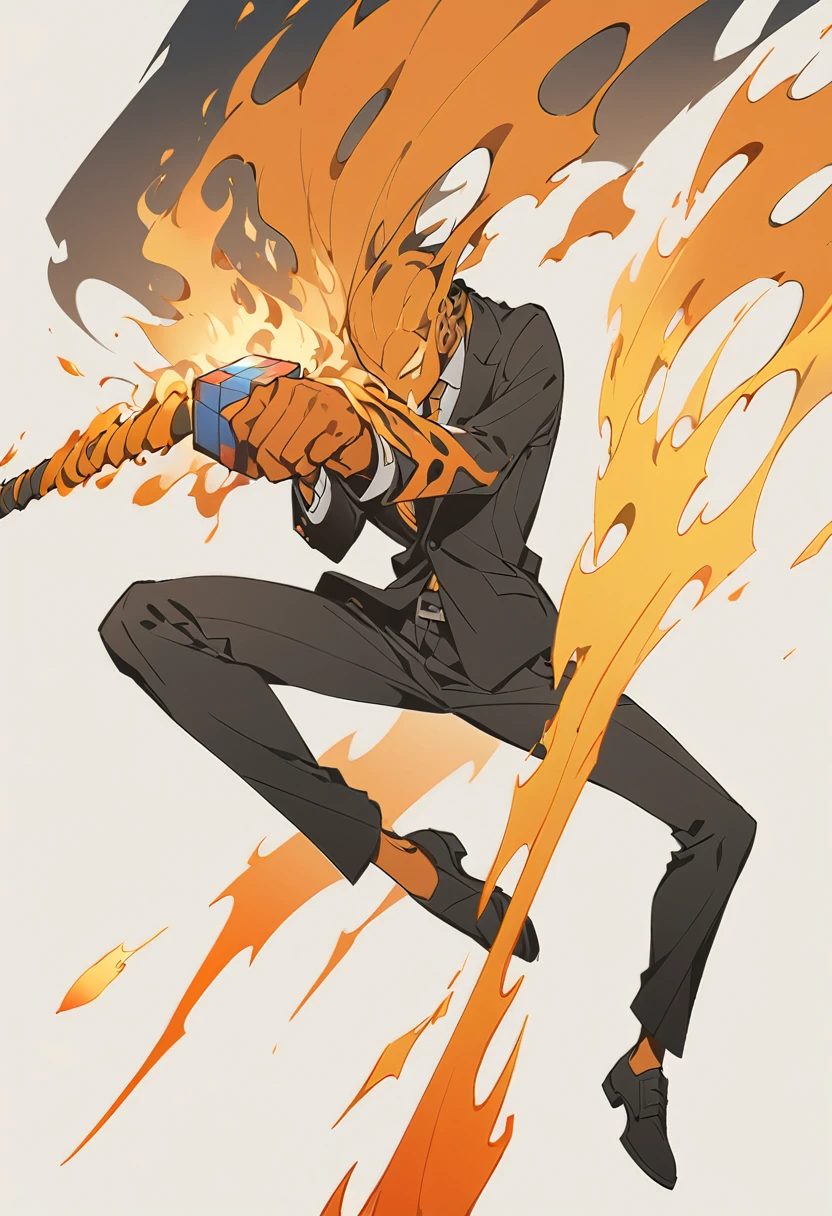 A orange human with a hat on. Head is cube shaped. Two arms, two legs. Jujutsu kaisen style art Wearing a suit and black pants. Boy. Sword with fire spewing out of it in his hands. Orange hair orange skin.