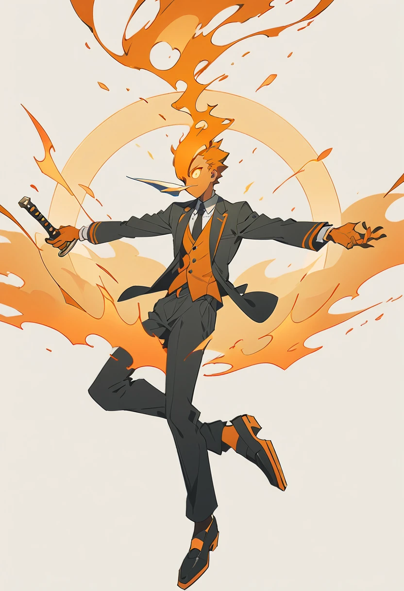 A orange human with a hat on. Head is cube shaped. Two arms, two legs. Jujutsu kaisen style art Wearing a suit and black pants. Boy. Sword with fire spewing out of it in his hands. Orange hair orange skin.