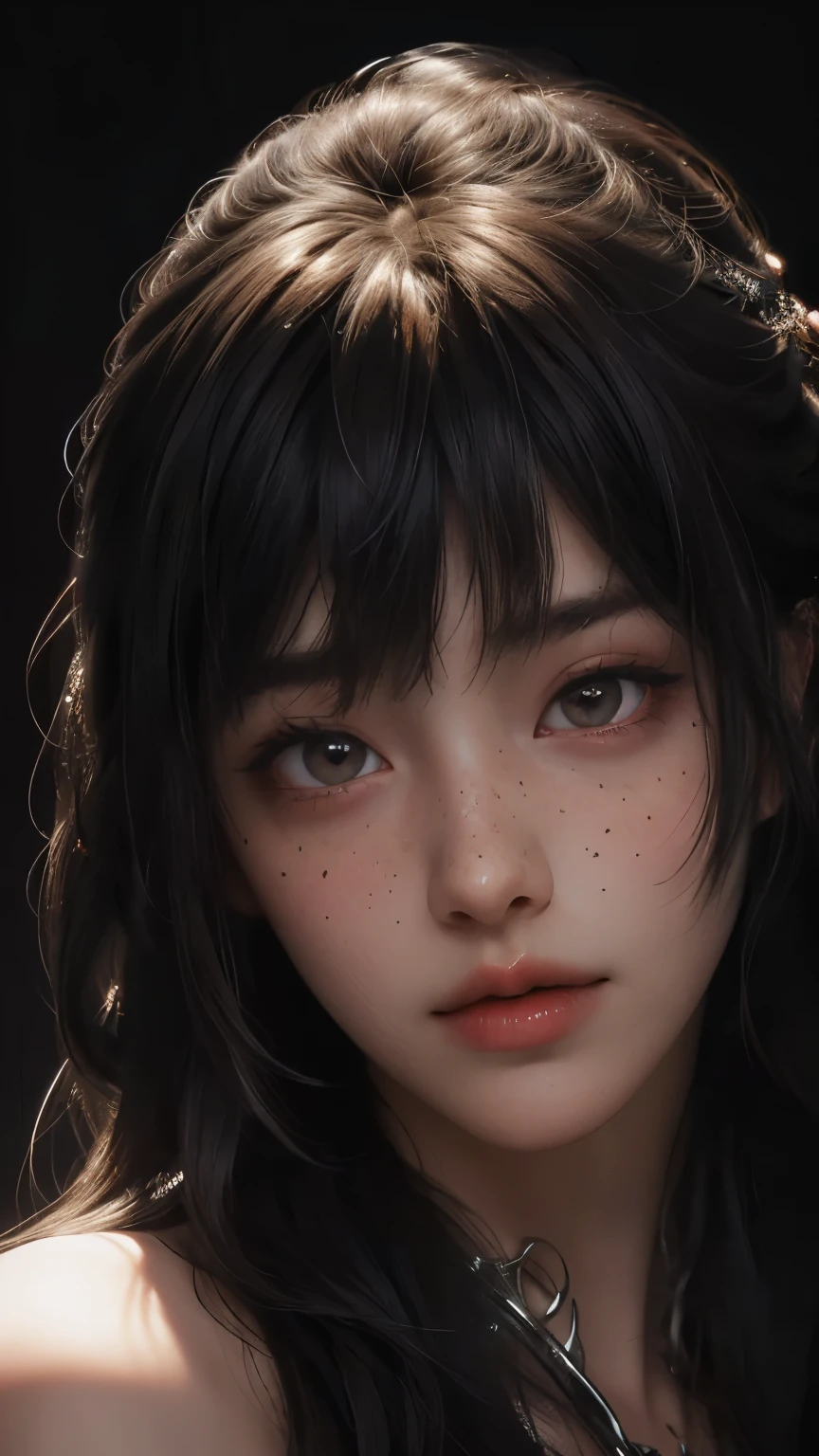 masterpiece, best quality, ultra-detailed, facing the camera head on, intricately detailed hyperdetailed, realistic, sharp features, highly detailed, sharp focus, perfect face, perfect face, perfect symmetrically perfect eyes, perfect full lips, flexible female form, cinematic, film light, hyper detailed, hyper realistic, dynamic studio lighting, nsfw, ((Dark background)), Sexy face, Facial expressions when receiving pleasure, straight Bangs, freckles,