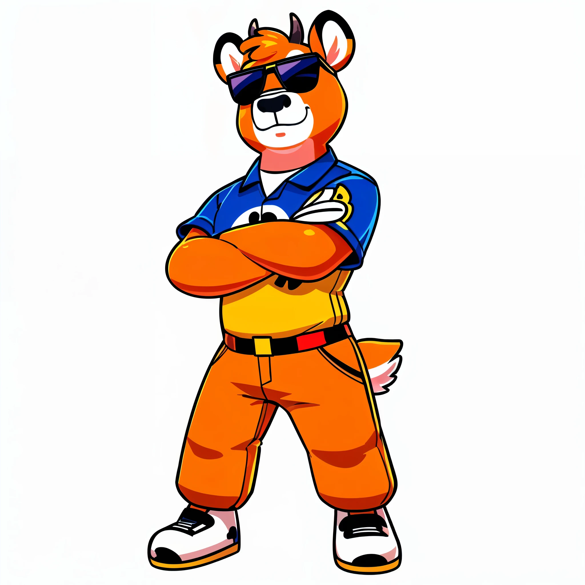 Just Dance,Wear a shirt、Wearing sunglasses、Cartoon cow with crossed arms, Full body mascot, ( cow wearing sunglasses, dancing character, Created using Adobe Illustrator, Teddy Fresh, Orange body, Created using Adobe Illustrator, Cartoon shading:15, Official Art, Merge roles, an anthropomorphic deer, Official illustrations, Full body clothing, Low resolution, posture