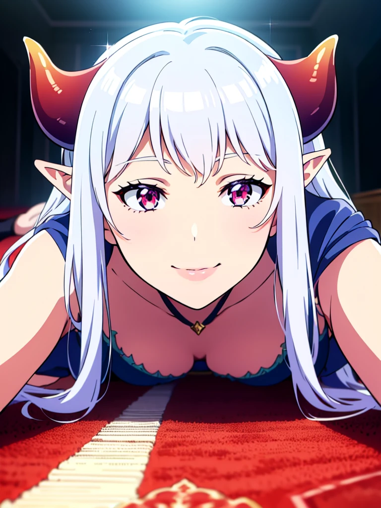 beautiful girl,vibrant pastel colors, (colorful),inspired by Glen Keane, inspired by Lois van Baarle,fantasy, ((beautiful face)), ((masterpiece, best quality)), intricate details, highly detailed, sharp focus, 8k resolution, sparkling detailed eyes,1girl,15s,,solo,white short dress,white hair,long hair,elf ears,horns,white pantyhose,cleavage,red eyes,((lying down, on the carpet of a palace)),smile,Close up