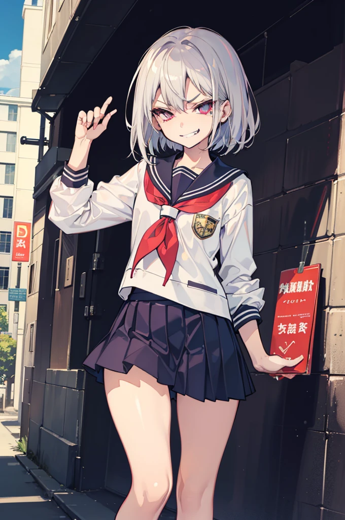 (Ideal:1.2), (perfection:1.2), (highest quality:1.2), (best quality:1.2), detailed, street, 1girl, sexy body, (evil smirk:1.2), (loli:1.1), naughty, (school uniform:1.1), detailed body, sexy thighs, small breasts, short hair, high quality eyes, 4K, highest quality resolution, best quality resolution, best quality upscale, flawless