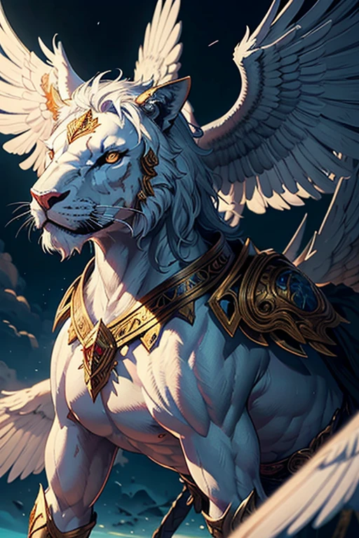 A majestic, towering white winged lion, an awe-inspiring deity from the dungeons and dragons universe, (best quality,4k,8k,highres,masterpiece:1.2),ultra-detailed,(realistic,photorealistic,photo-realistic:1.37),extremely detailed, ornate, regal, grandiose, dramatic lighting, cinematic, intricate details, ethereal, divine, godlike presence, glowing eyes, powerful muscles, majestic wings spread, ornate armor and embellishments, dramatic shadows and highlights, rich color palette, masterful digital painting