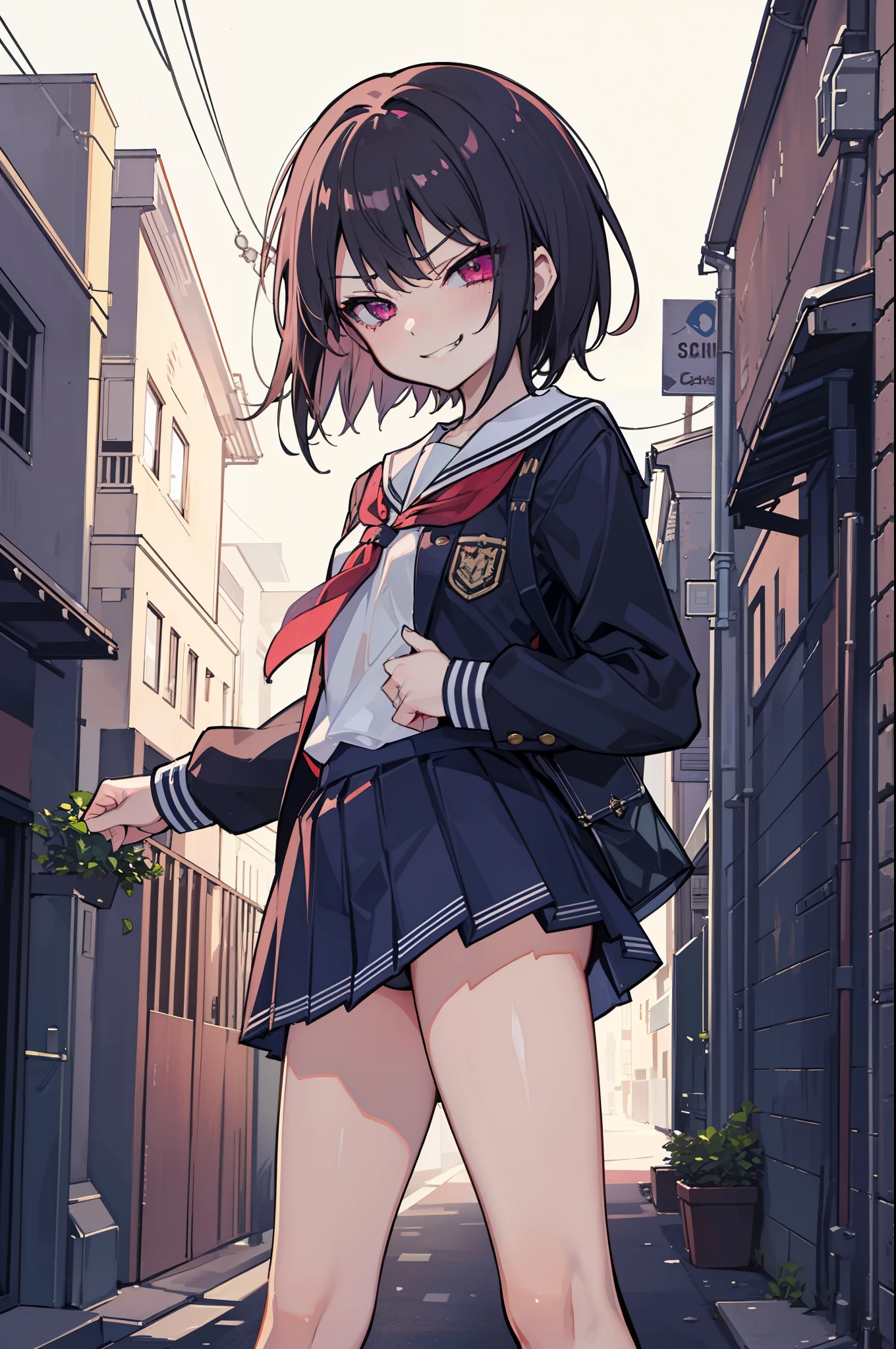 (Ideal:1.2), (perfection:1.2), (highest quality:1.2), (best quality:1.2), detailed, alley, 1girl, sexy body, (evil smirk:1.2), (li:1.1), naughty, (school uniform:1.1), detailed body, sexy thighs, small breasts, short hair, high quality eyes, 4K, highest quality resolution, best quality resolution, best quality upscale, flawless 