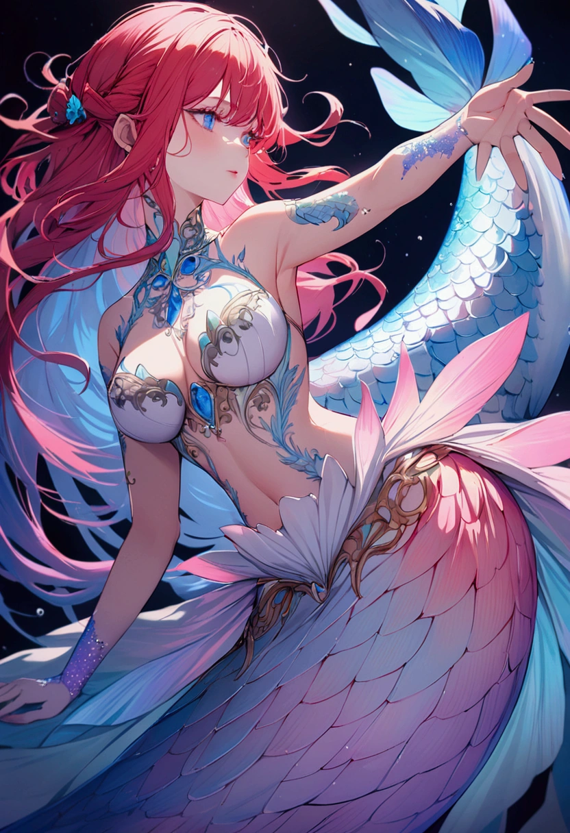 redhead mermaid, with full breasts, left arm completely tattooed, light pink scales with a thin edge of pastel blue scales, long red hair