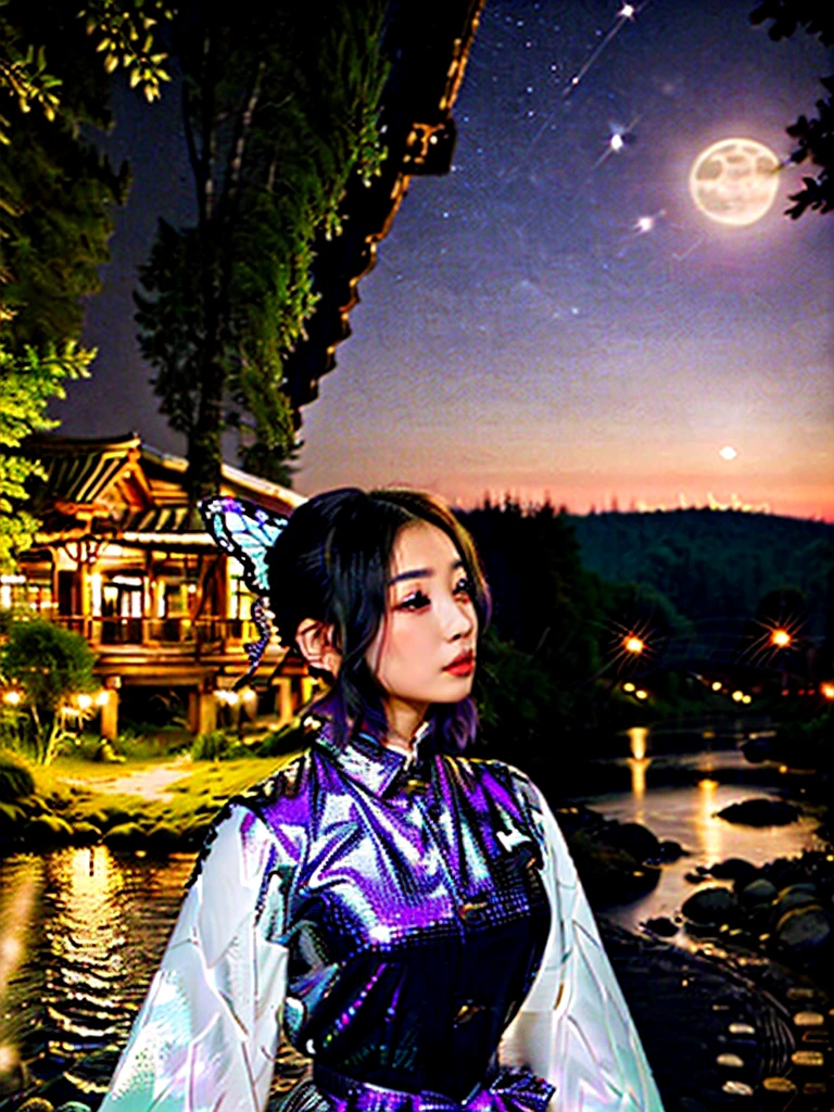 High quality photo,right lips and eye's, (not any mistakes) beautiful shinobu kocho, wearing glittering purple short party dress, angelic, , elegant and graceful, butterfly, sparkling, at a night forest moonlight river side