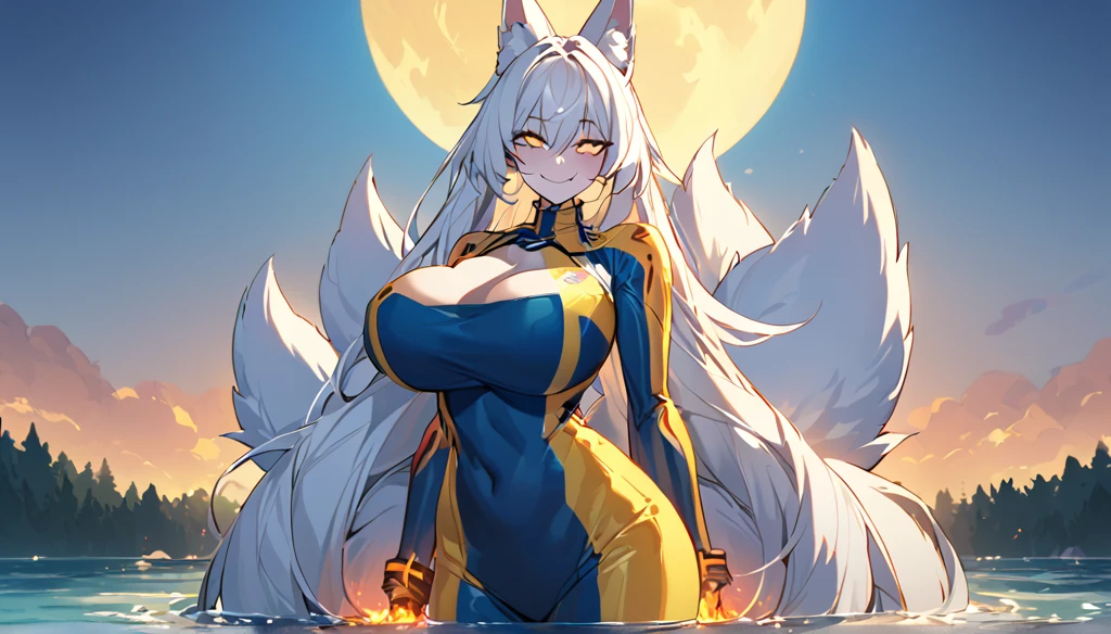 Beautiful white Kitsune, yellow eyes, highly detailed face, highly detailed eyes, big breasts, sexy figure, mature woman, several white kitsune tails, soft long white Kitsune ears, You rule a lake, a huge blue moon in the sky reflecting in the water, The forest would be burning flames blue, full of charred corpses,With a terrifying look smiling, the eyes would glow yellow,Very detailed face and eyes, Wearing blue and yellow Race Suit