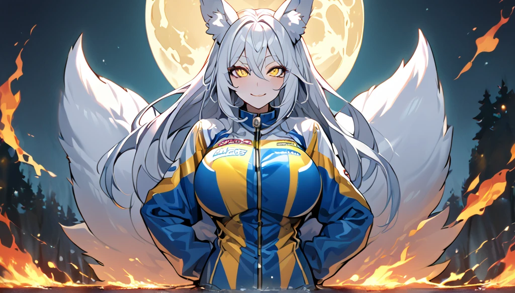 Beautiful white Kitsune, yellow eyes, highly detailed face, highly detailed eyes, big breasts, sexy figure, mature woman, several white kitsune tails, soft long white Kitsune ears, You rule a lake, a huge blue moon in the sky reflecting in the water, The forest would be burning flames blue, full of charred corpses,With a terrifying look smiling, the eyes would glow yellow,Very detailed face and eyes, Wearing blue and yellow Race Suit
