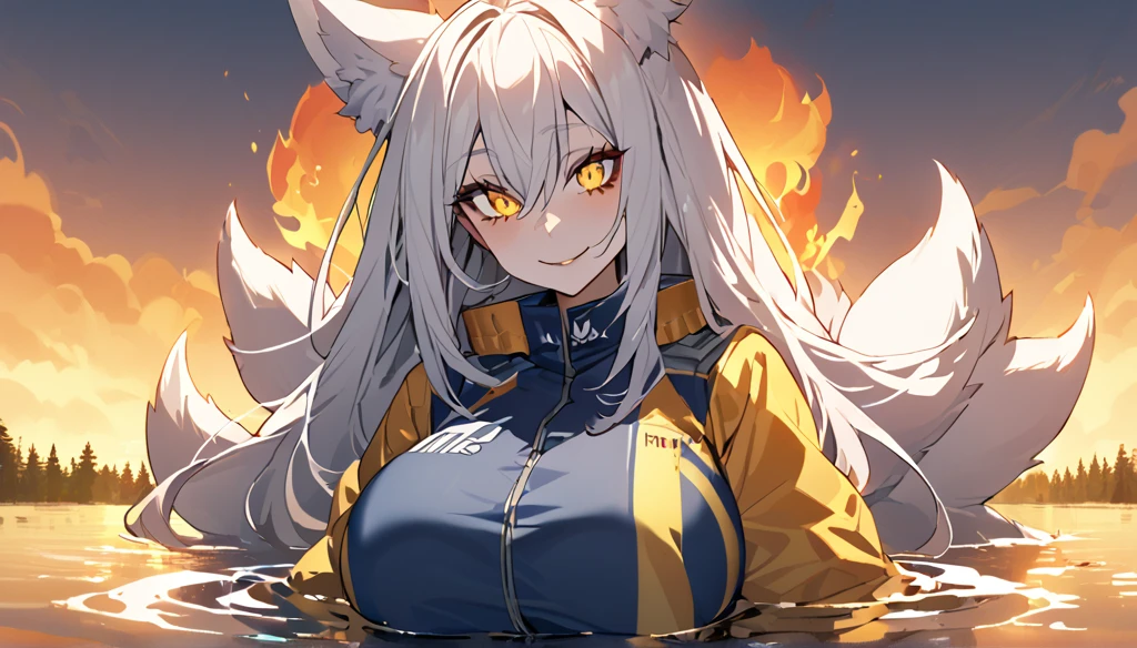Beautiful white Kitsune, yellow eyes, highly detailed face, highly detailed eyes, big breasts, sexy figure, mature woman, several white kitsune tails, soft long white Kitsune ears, You rule a lake, a huge blue moon in the sky reflecting in the water, The forest would be burning flames blue, full of charred corpses,With a terrifying look smiling, the eyes would glow yellow,Very detailed face and eyes, Wearing blue and yellow Race Suit
