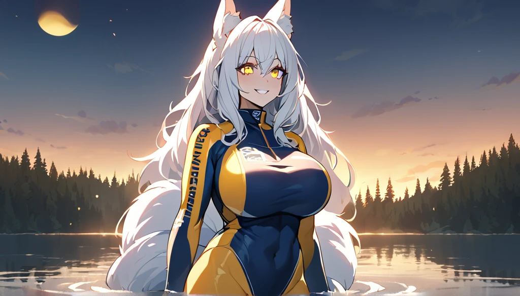  Beautiful white Kitsune, yellow eyes, highly detailed face, highly detailed eyes, big breasts, sexy figure, mature woman, several white kitsune tails, soft long white Kitsune ears, You rule a lake, a huge blue moon in the sky reflecting in the water, The forest would be burning flames blue, full of charred corpses,With a terrifying look smiling, the eyes would glow yellow,Very detailed face and eyes, Wearing blue and yellow Race Suit