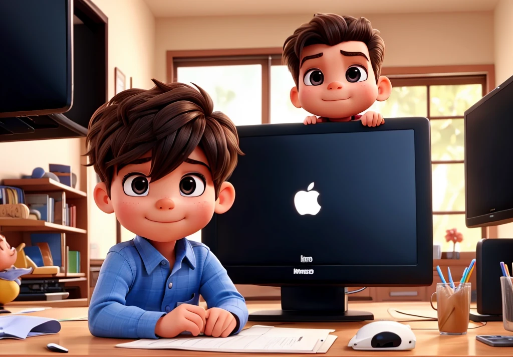 baby brother and a bigger one, playing on the computer, slickedback hair 