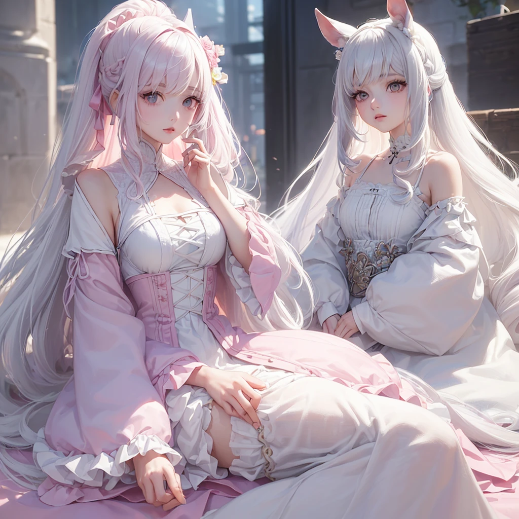 ((pastel model+ lines mix)) ((Model Kenshi))((modelo snapdd00)) face portrait ((size 1:1)), 20 year old adult woman, long and curly white loose hair, pale skin and pink eyes, wearing a beautiful and very feminine dress ((extremely detailed)) ((Eye- LoRa)) ((Style LoRa from Horse))