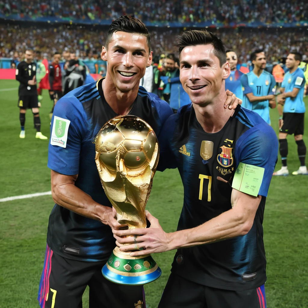 Cristiano Ronaldo and Messi hugging with a World Cup next to them